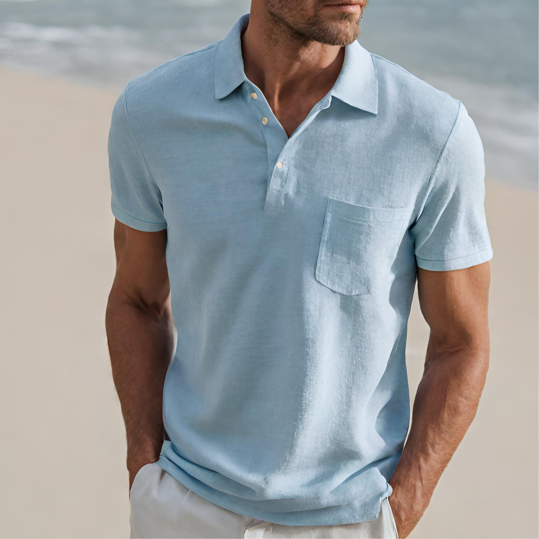 Herren Leinen Polohemd Kurzarm Halbknopf Beige - Eveloria