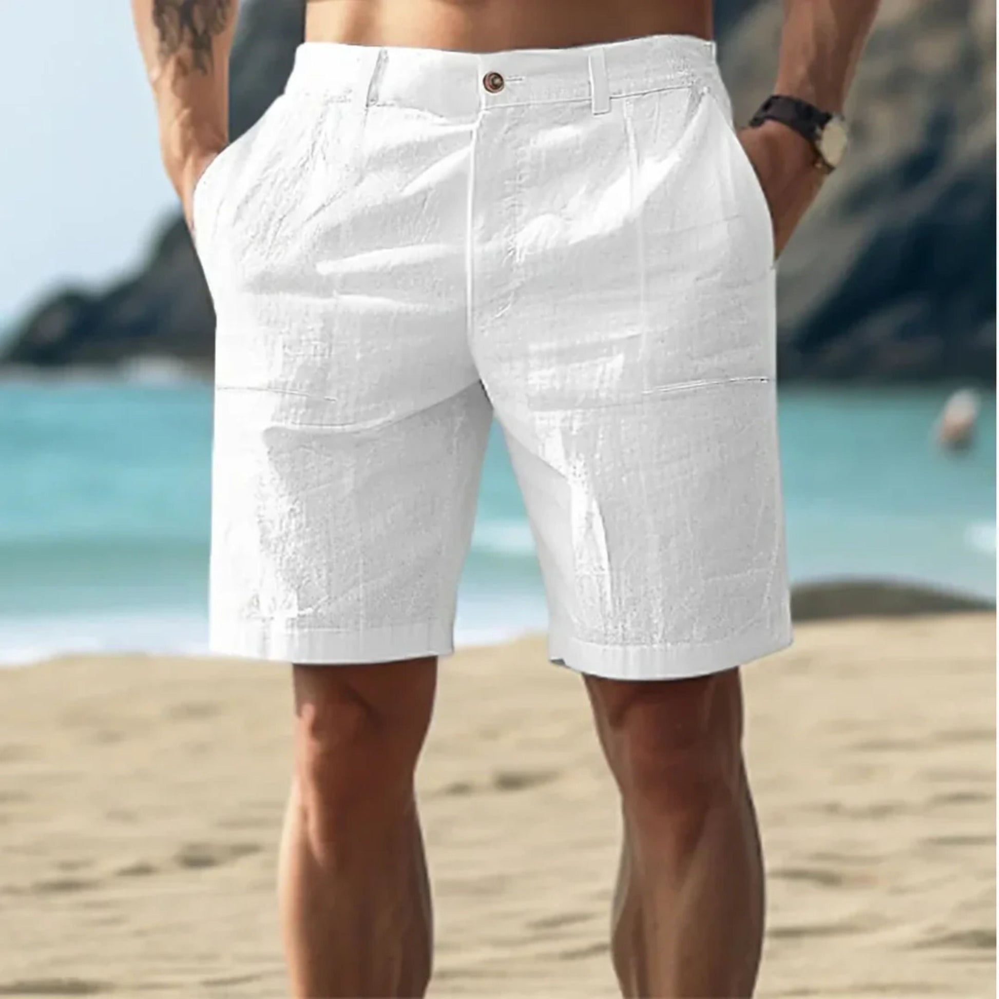 Herren Leinen-Shorts Leicht Lockere Passform Beige - Eveloria