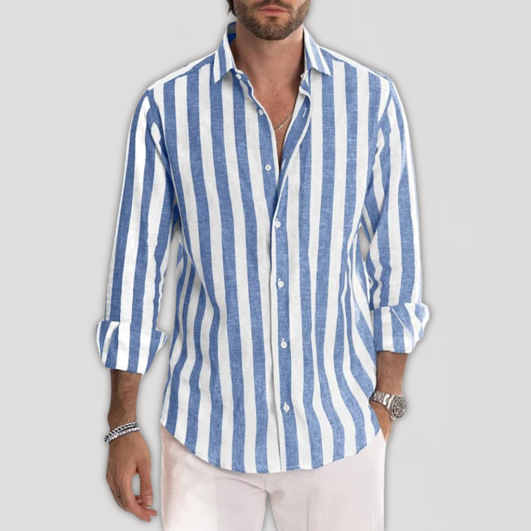Herren Leinenhemd Langarm Gestreift Blau - Eveloria