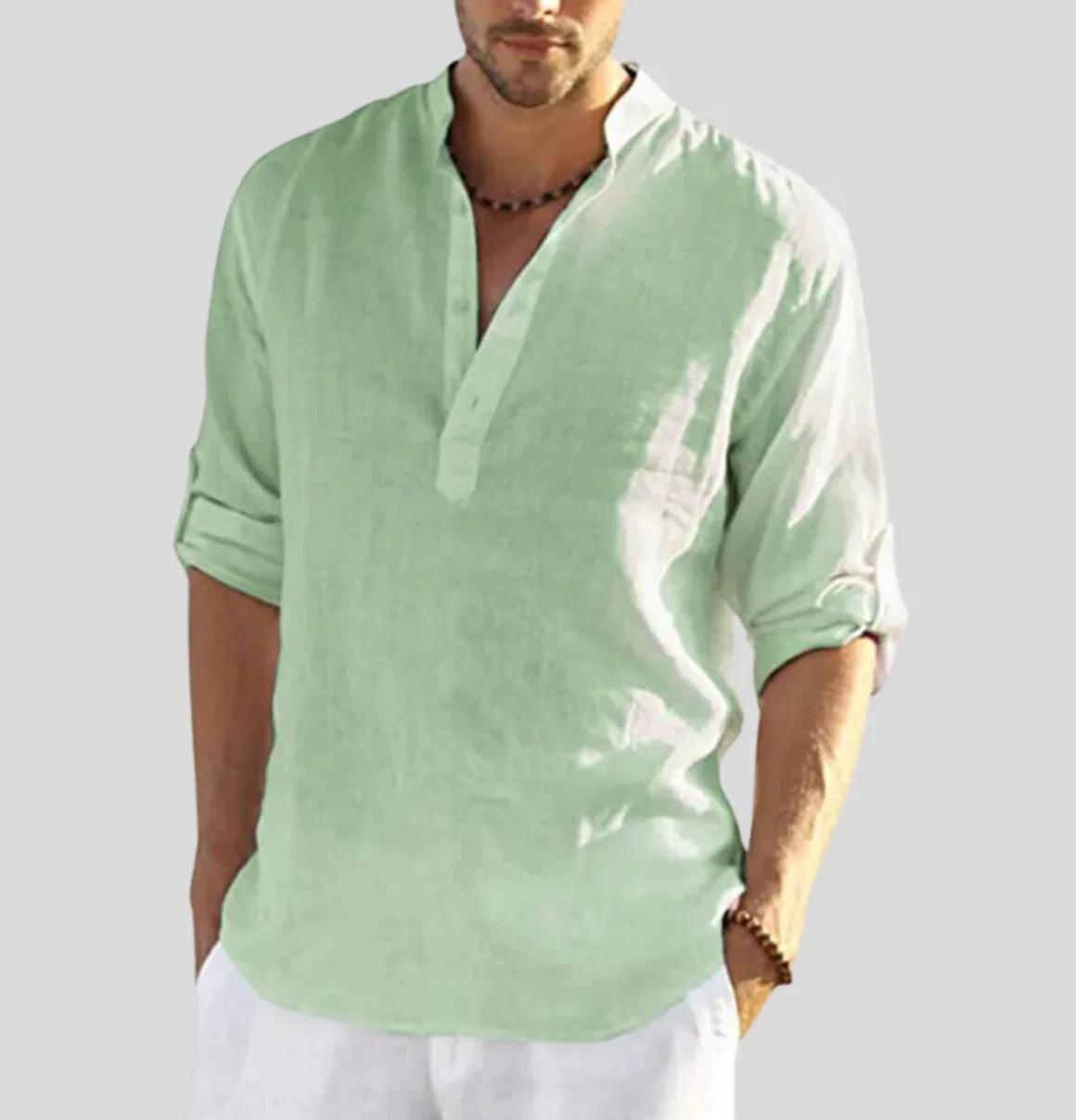 Leinenhemd | Langarm | Halber Knopf | Button-Up Hemd | Herrenhemd-Hellgrün-S-Chaps Herrenmode