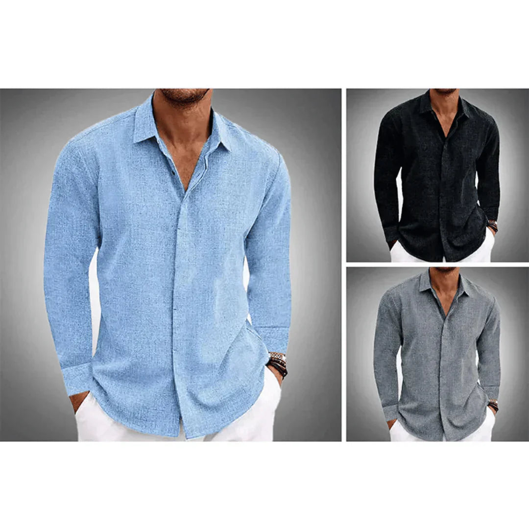 Herren Leinenhemd Langarm Mit Kragen Blau - Eveloria
