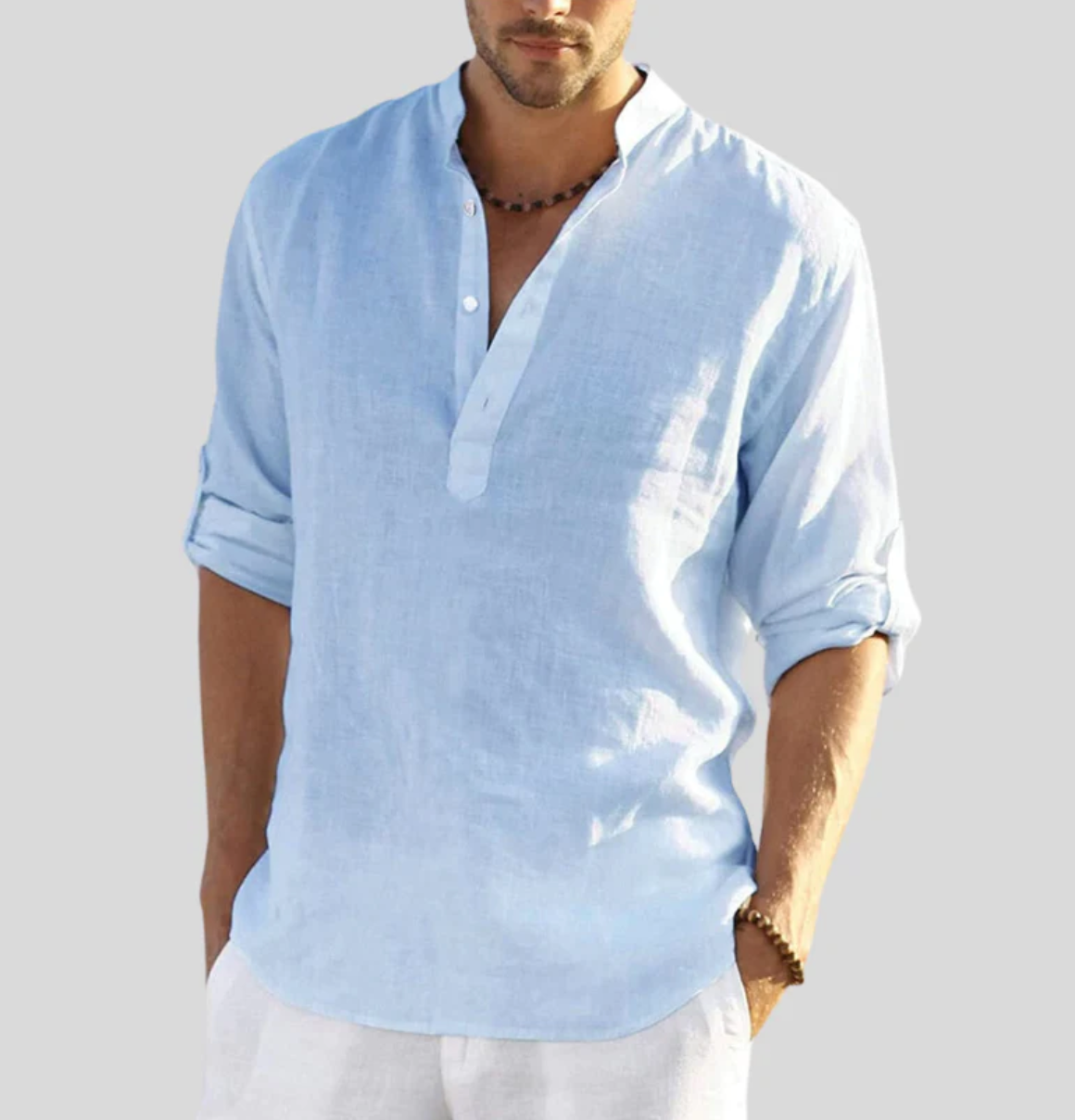 Leinenhemd - Langarmhemd für Männer mit lockerem Schnitt und halber Knopfleiste für den Sommer-Hellblau-XS-Chaps Herrenmode