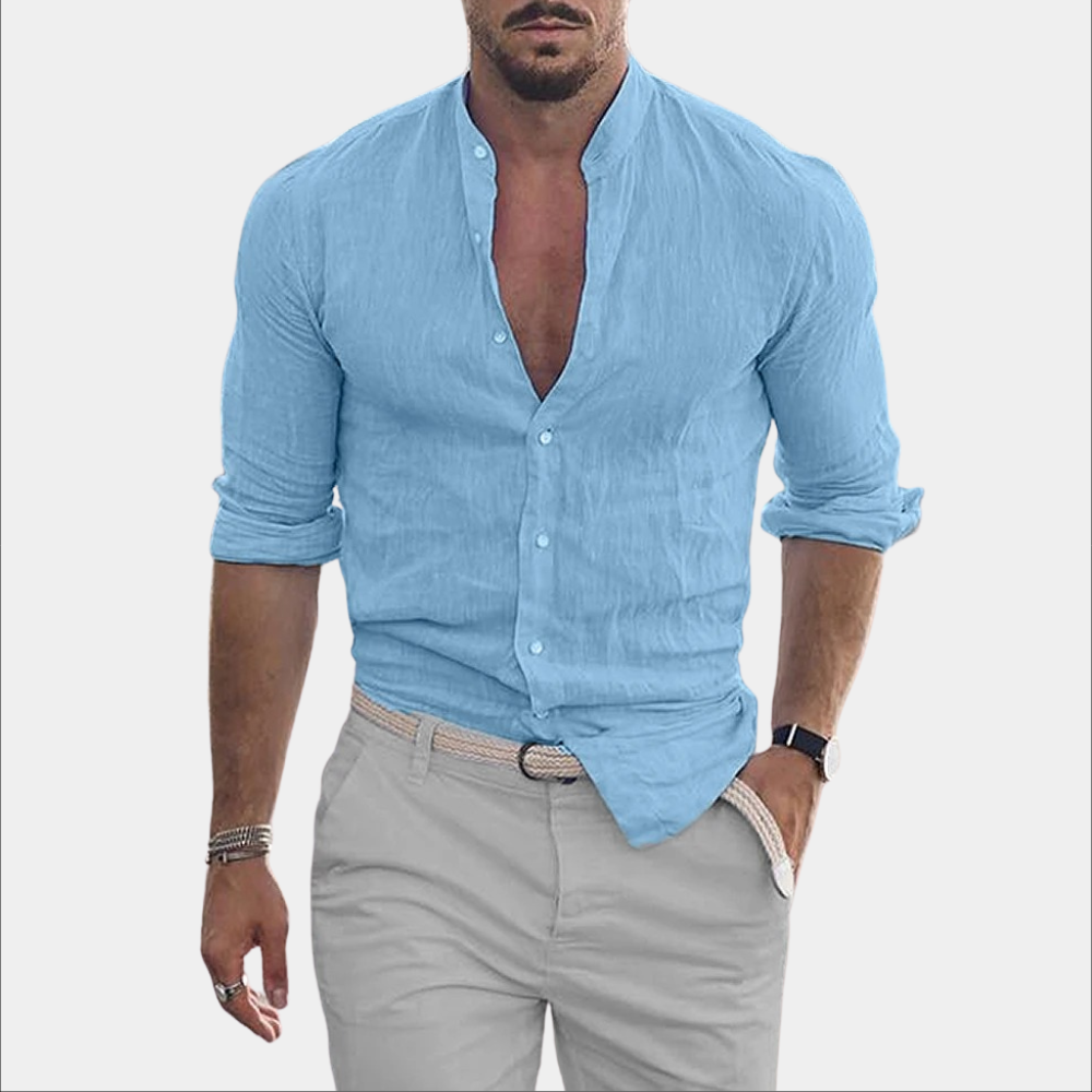 Leinenhemd - Leichtgewicht - Langarm - Hemd mit Knopfleiste - Sommerhemd für Männer-Hellblau-S-Chaps Herrenmode