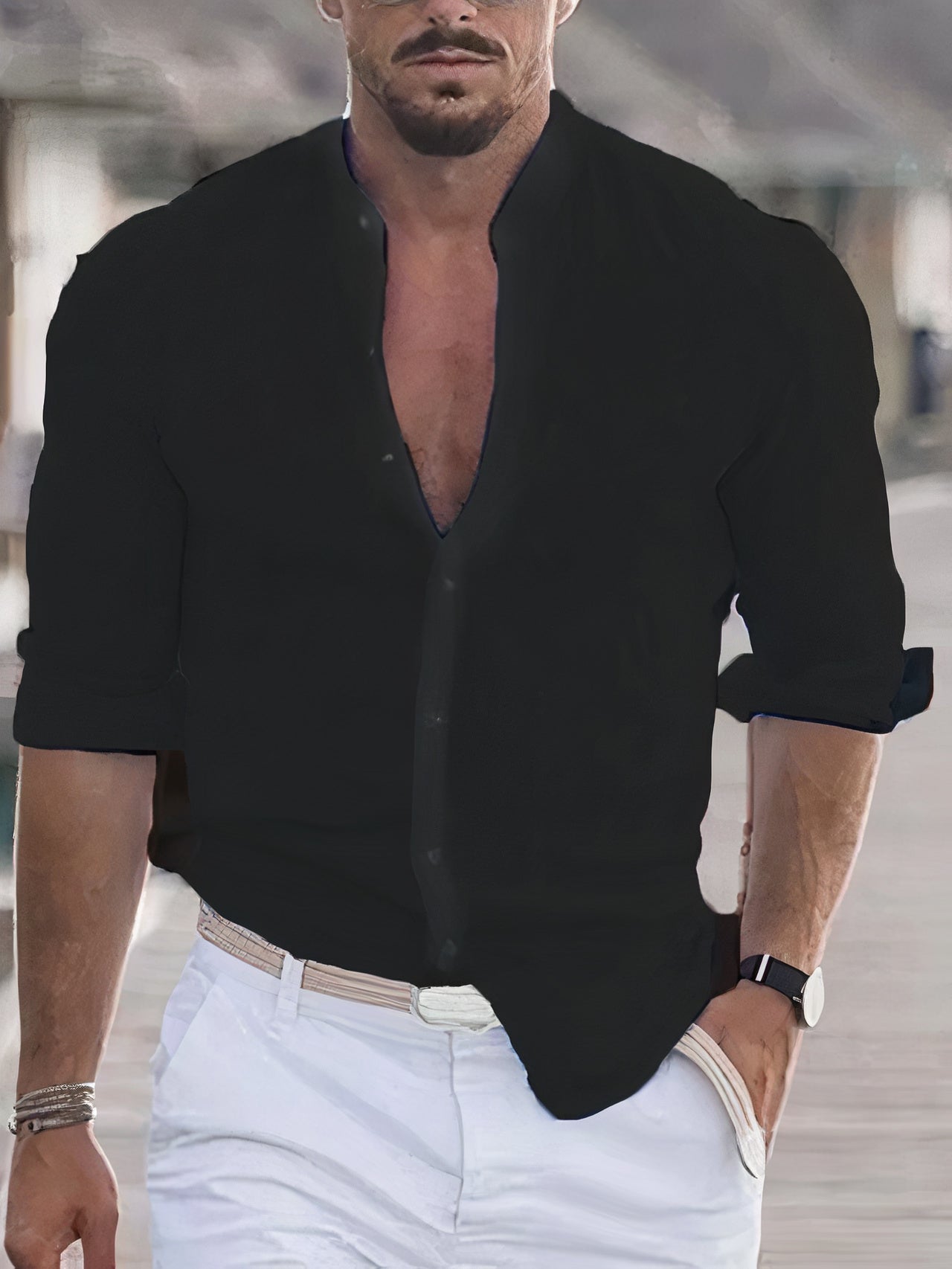 Leinenhemd – Slim Fit Baumwollhemd mit langen Ärmeln und Knöpfen für Herren-Schwarz-S-Chaps Herrenmode