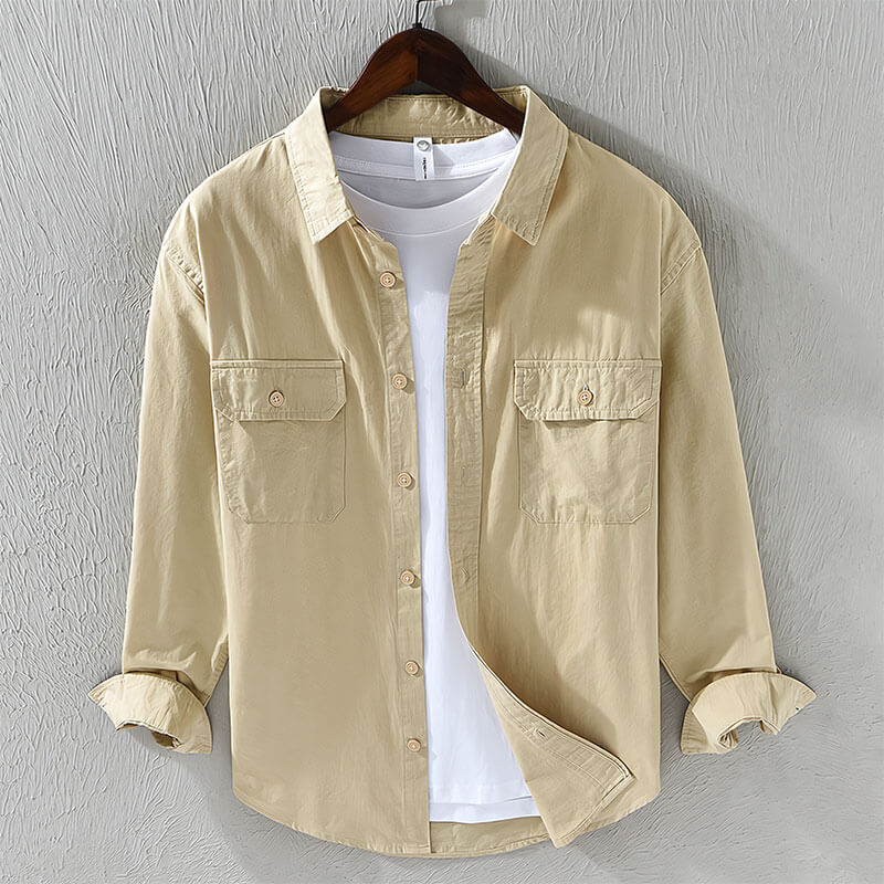 Herren Leinenhemd Langarm Knöpfe Taschen Beige - Eveloria