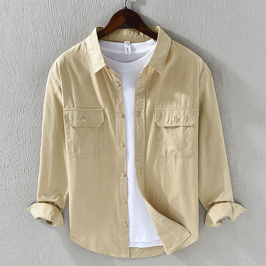 Herren Leinenhemd Langarm Knöpfe Taschen Beige - Eveloria