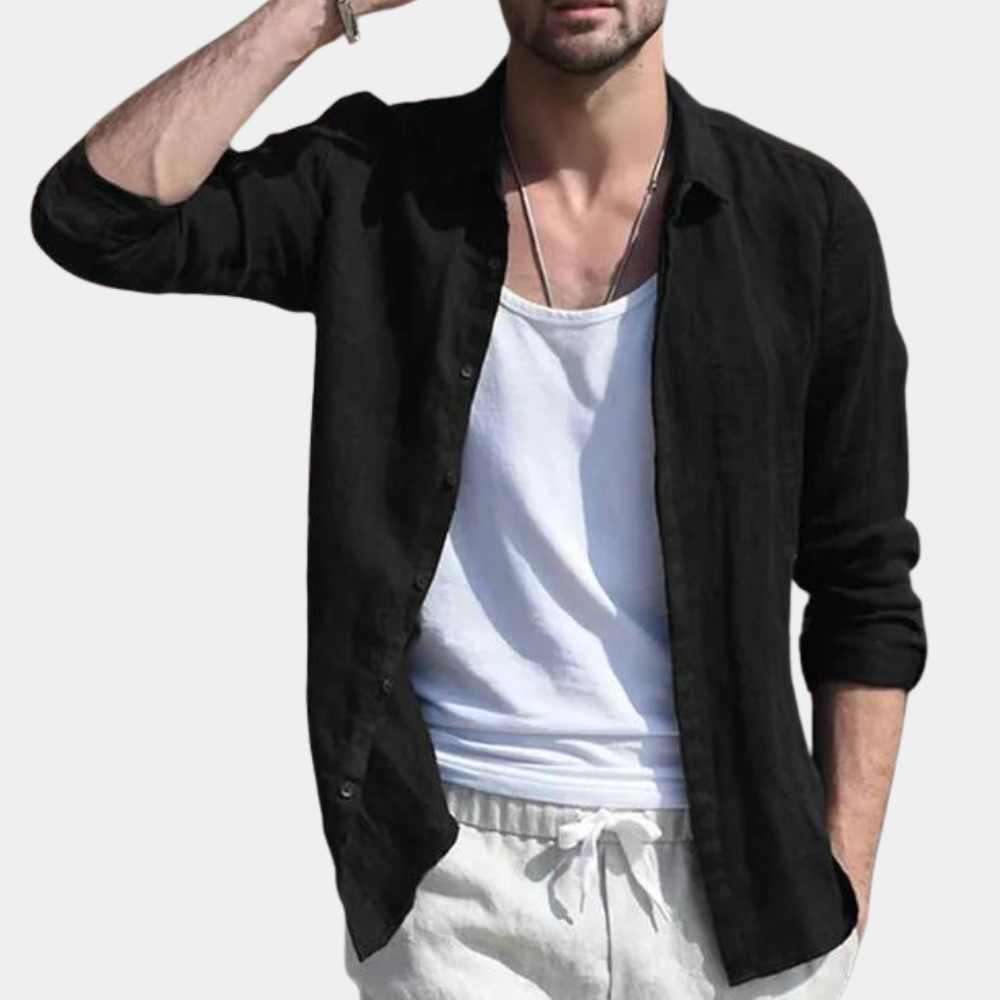 Leinenhemd – leicht – Langarm – Knopfleiste – Sommerhemd für Herren-Schwarz-S-Chaps Herrenmode