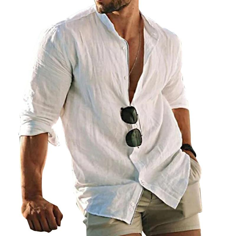 Herren Leinenhemd Langarm Knöpfe Beige - Eveloria