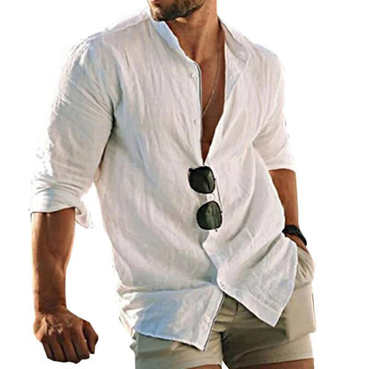 Herren Leinenhemd Langarm Knöpfe Beige - Eveloria