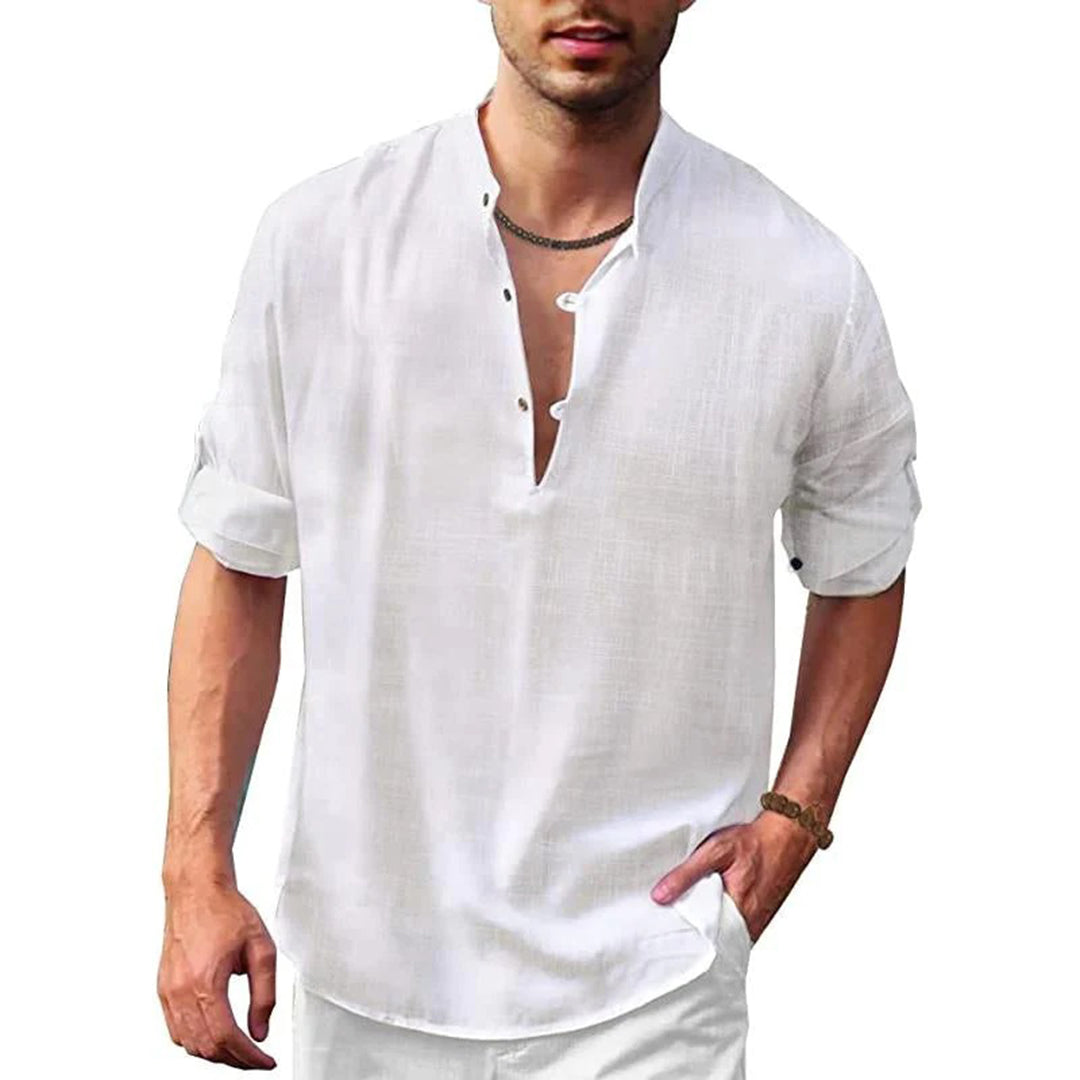 Herren Leinenhemd Leichtes Sommerhemd V-Ausschnitt Beige - Eveloria