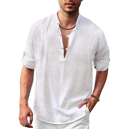 Herren Leinenhemd Leichtes Sommerhemd V-Ausschnitt Beige - Eveloria