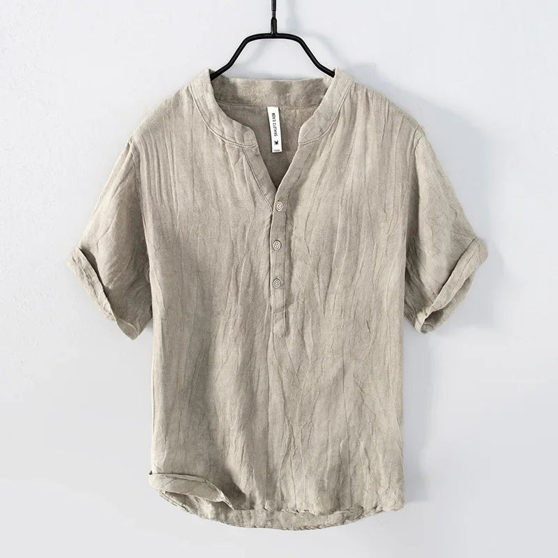 Herren Leinenhemd Kurzarm Knöpfe Leicht Beige - Eveloria