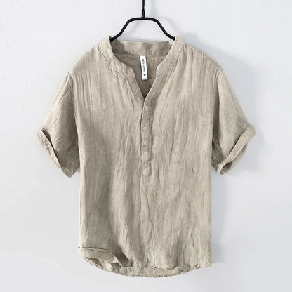 Herren Leinenhemd Kurzarm Knöpfe Leicht Beige - Eveloria