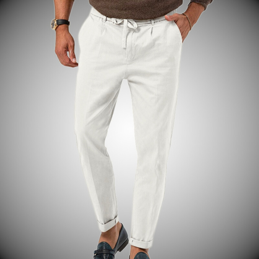 Leinenhose - Baumwolle - Kordelzug - Straight Leg Pants - Herrenhosen-Weiß-S-Chaps Herrenmode