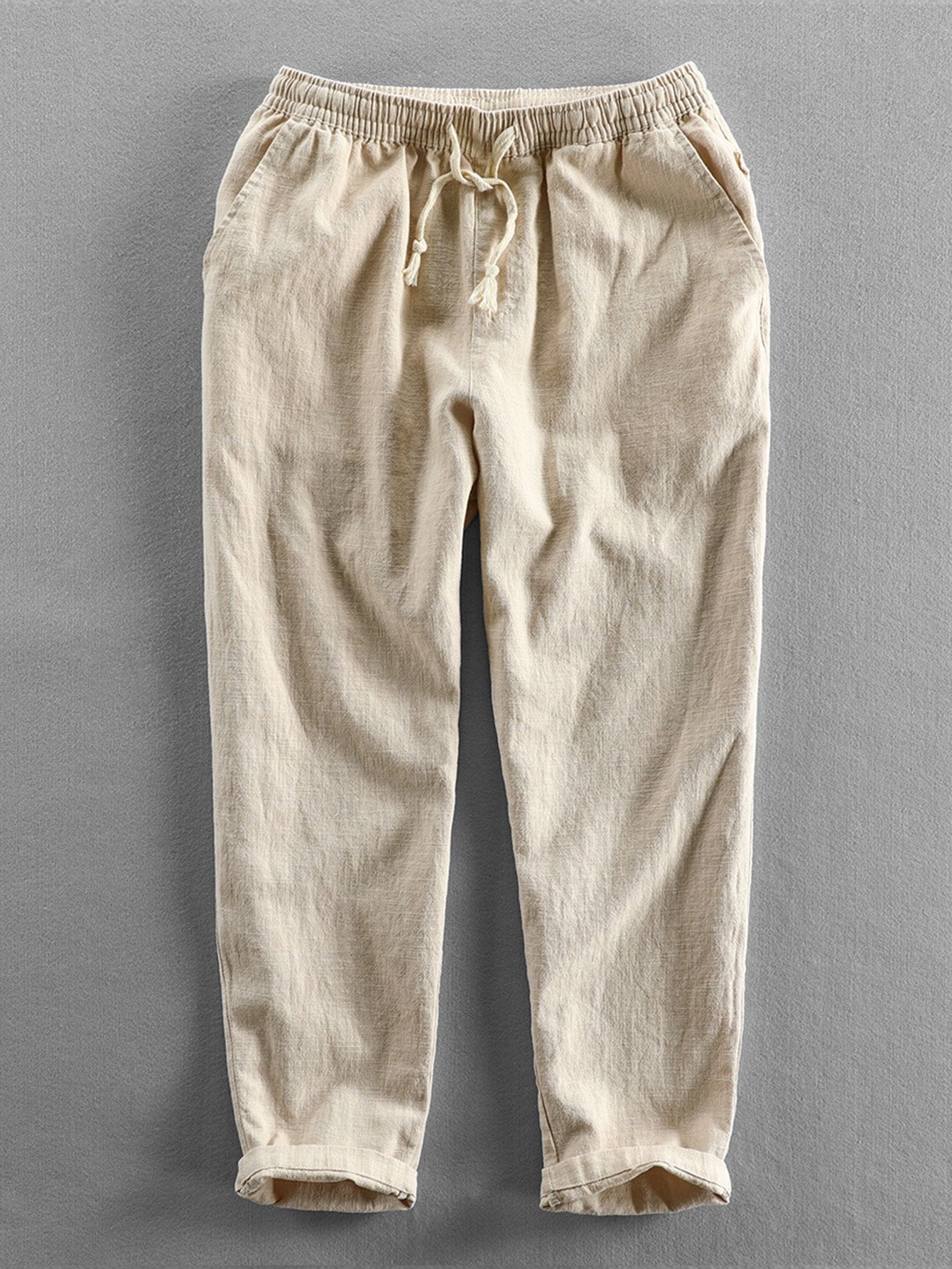 Herren Leinenhose Elastic Waist Loose Fit Beige - Eveloria