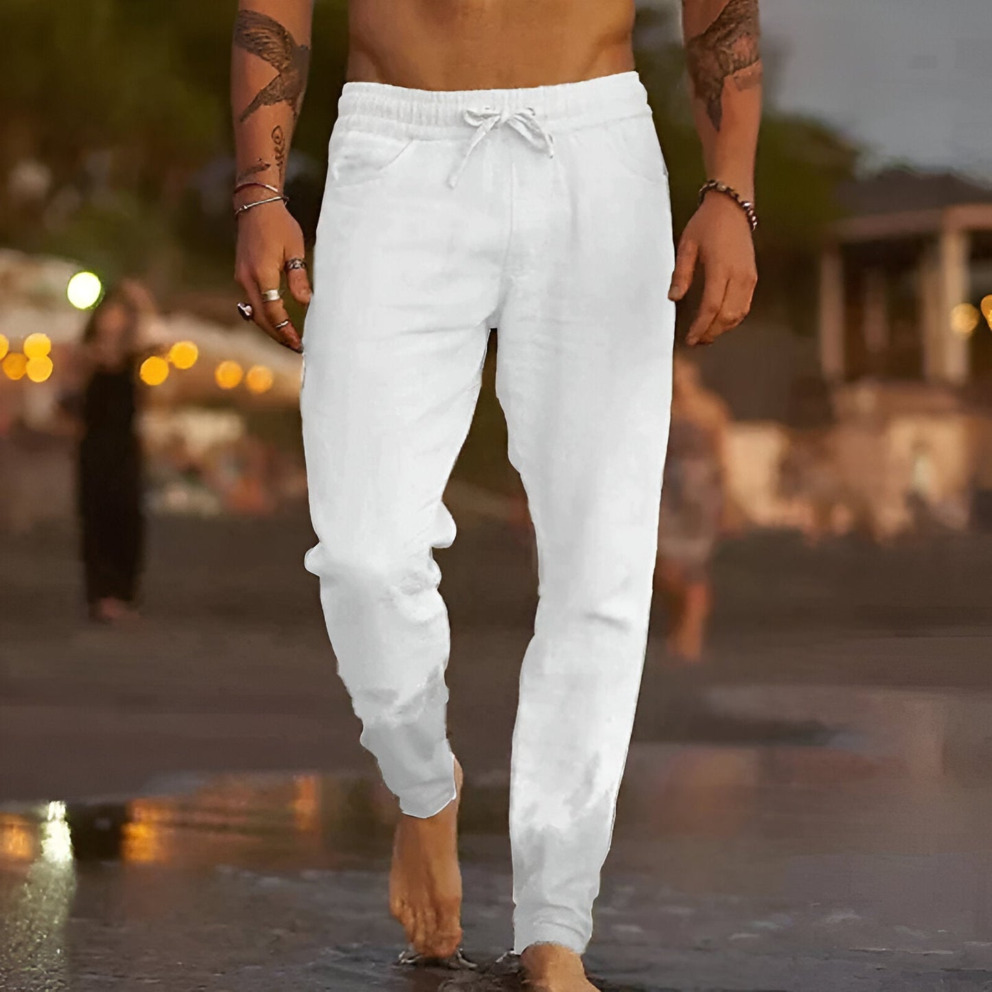 Leinenhose | Kordelzug | Lockere Passform | Sommerhose | Herrenhose-Weiß-S-Chaps Herrenmode