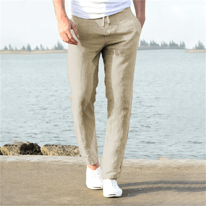 Herren Leinenhose Gerades Bein Mit Kordelzug Beige - Eveloria