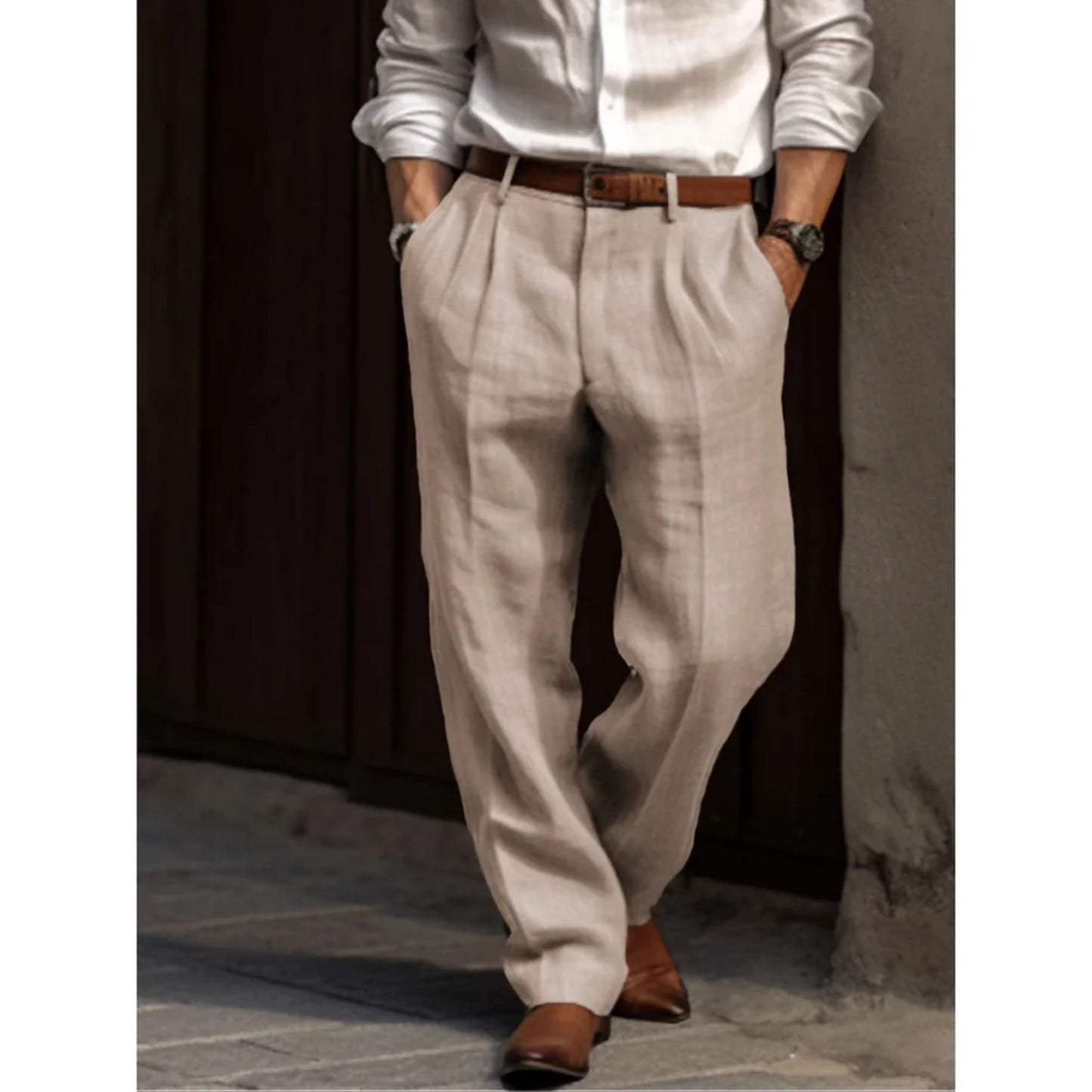 Herren Leinenhose Lockere Passform Beige Sommerhose - Eveloria