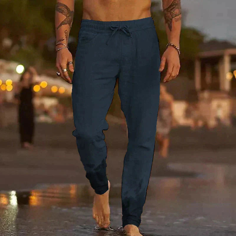 Leinenhosen | Baumwolle | Elastische Taille | Sommerhosen | Leinenbekleidung für Männer-Dunkelblau-XS-Chaps Herrenmode