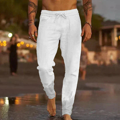 Leinenhosen | Baumwolle | Elastische Taille | Sommerhosen | Leinenbekleidung für Männer-Weiß-XS-Chaps Herrenmode