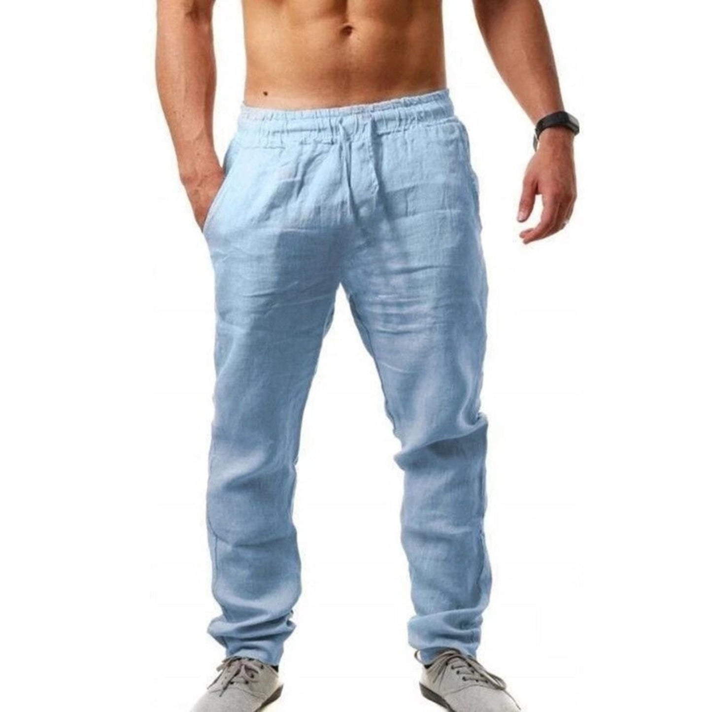 Leinenhosen | Kordelzug | Atmungsaktiv | Elastische Taille Hose | Herren Sommerhosen-Himmelblau-S-Chaps Herrenmode