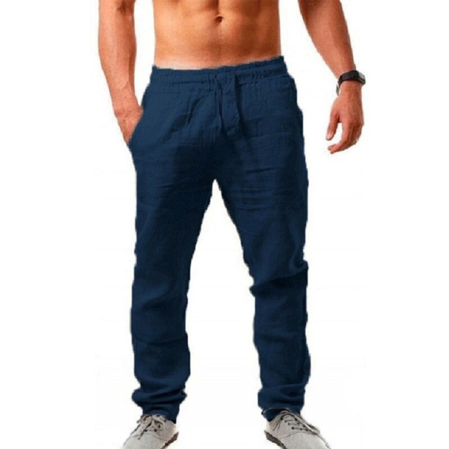 Leinenhosen | Kordelzug | Atmungsaktiv | Elastische Taille Hose | Herren Sommerhosen-Marineblau-S-Chaps Herrenmode