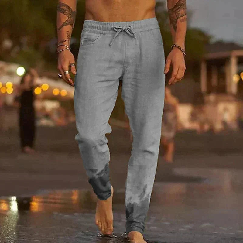 Leinenhosen - Kordelzug - Elastische Taille - Freizeithosen - Herrenhosen-Grau-S-Chaps Herrenmode
