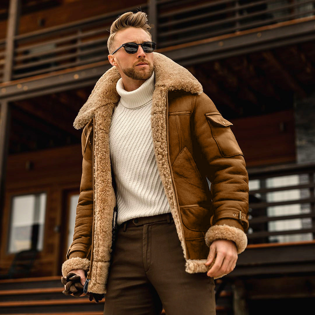 Eveloria Herren Pilotenjacke Imitationsschafsfell Futter