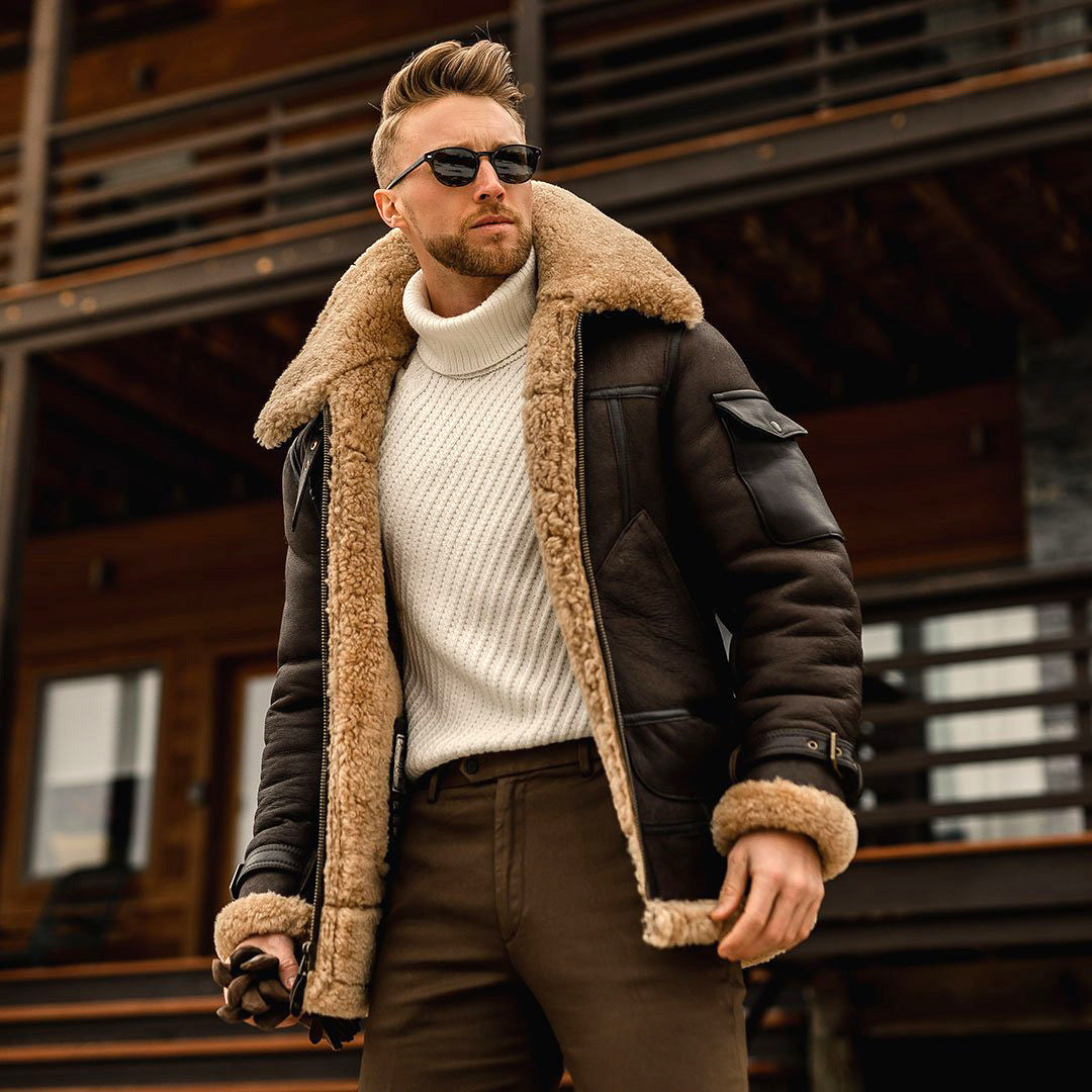 Eveloria Herren Pilotenjacke Imitationsschafsfell Futter