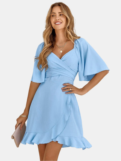 Damen Wickelkleid Blau Midi Volant-Saum Flatterärmel - Eveloria