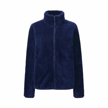 Damen Teddy-Fleecejacke Stehkragen Reißverschluss Warm