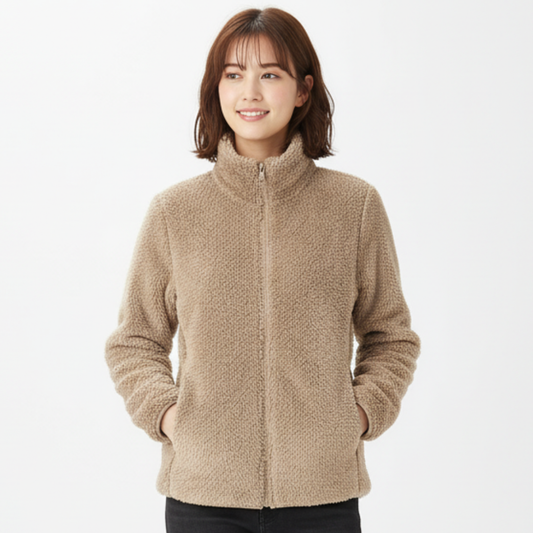 Damen Teddy-Fleecejacke Stehkragen Reißverschluss Warm Schwarz - Eveloria