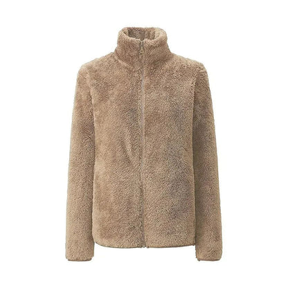 Damen Teddy-Fleecejacke Stehkragen Reißverschluss Warm