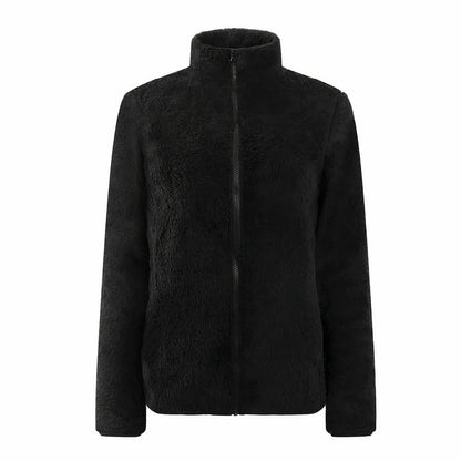 Damen Teddy-Fleecejacke Stehkragen Reißverschluss Warm