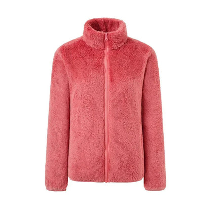 Damen Teddy-Fleecejacke Stehkragen Reißverschluss Warm