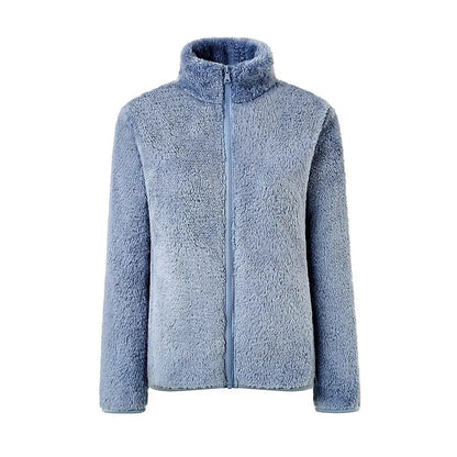 Damen Teddy-Fleecejacke Stehkragen Reißverschluss Warm