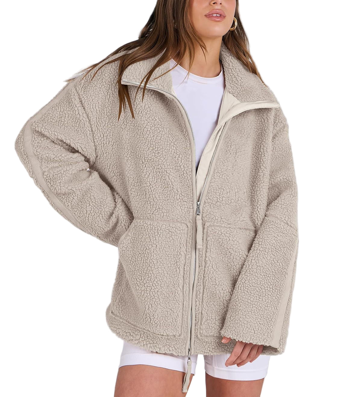 Damen Fleecejacke Oversize Warm Teddyjacke Reißverschluss Schwarz - Eveloria