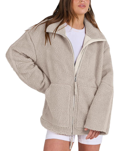 Damen Fleecejacke Oversize Warm Teddyjacke Reißverschluss Schwarz - Eveloria