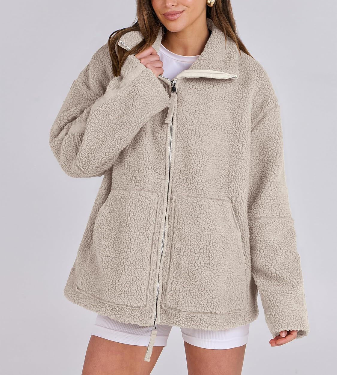Damen Fleecejacke Oversize Warm Teddyjacke Reißverschluss