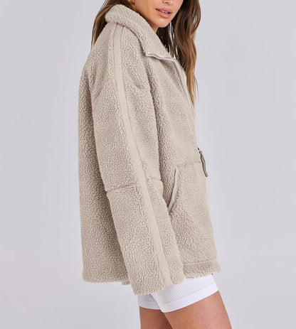 Damen Fleecejacke Oversize Warm Teddyjacke Reißverschluss