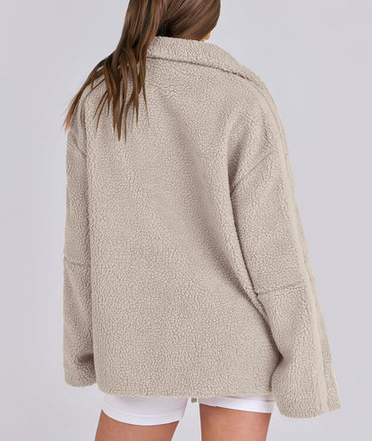 Damen Fleecejacke Oversize Warm Teddyjacke Reißverschluss