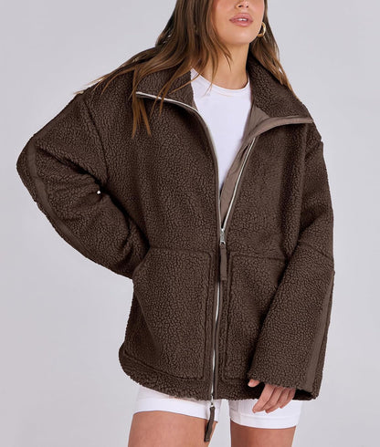 Damen Fleecejacke Oversize Warm Teddyjacke Reißverschluss