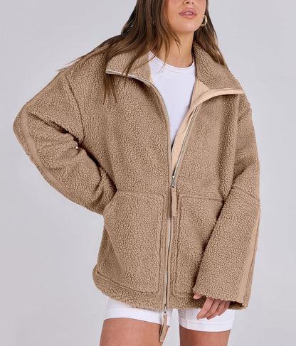 Damen Fleecejacke Oversize Warm Teddyjacke Reißverschluss