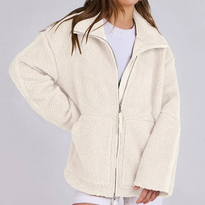 Damen Fleecejacke Oversize Warm Teddyjacke Reißverschluss