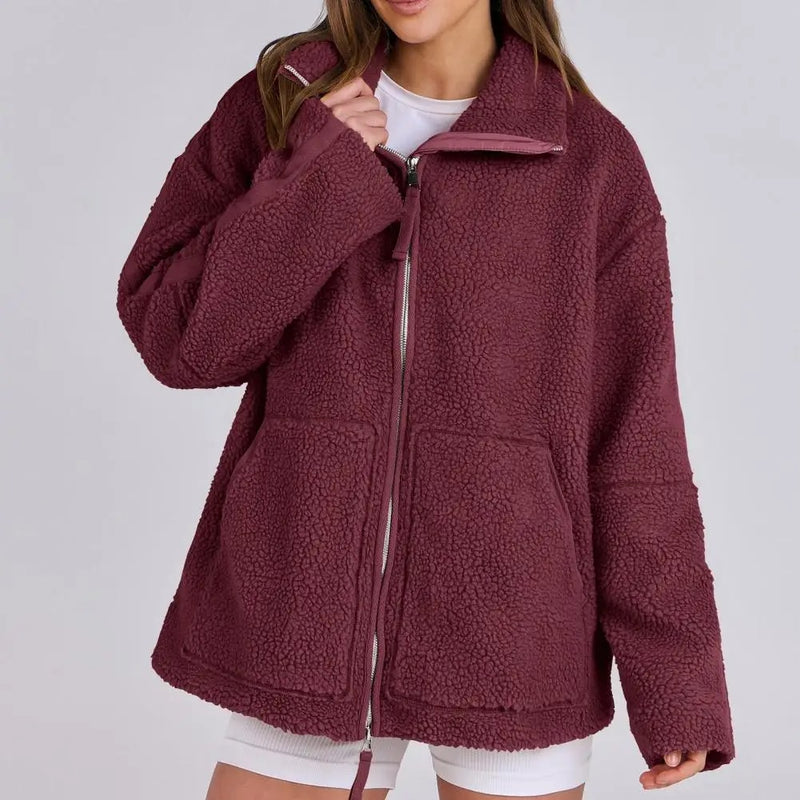 Damen Fleecejacke Oversize Warm Teddyjacke Reißverschluss