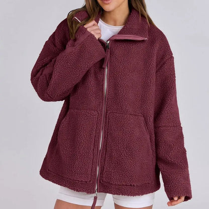 Damen Fleecejacke Oversize Warm Teddyjacke Reißverschluss