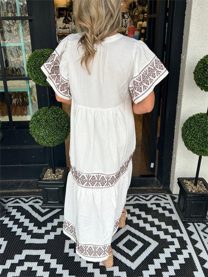 Ibiza Style Damen Midi Kleid V-Ausschnitt Weite Ärmel Lockere Passform