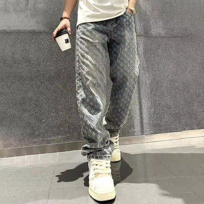 Lockere Passform Jeans – Gemusterte Baggy-Jeans mit Monogramm für Männer-Dunkelgrau-S-Chaps Herrenmode