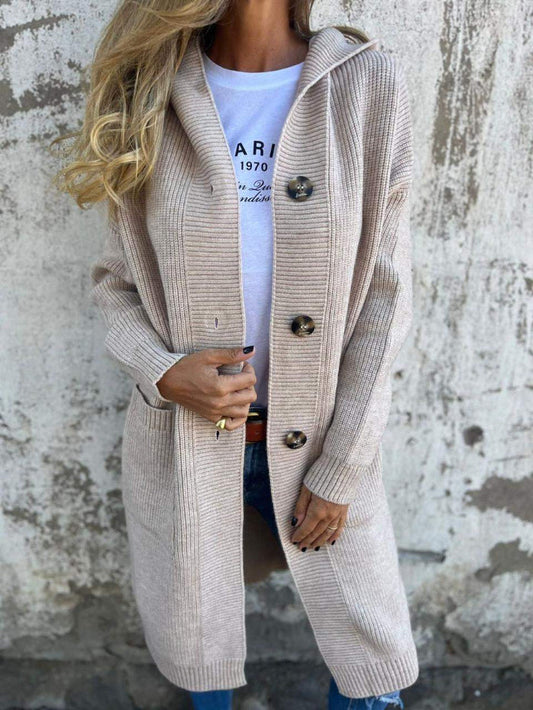 Damen Cardigan Lang Gestrickt Mit Kapuze Lässig - Eveloria