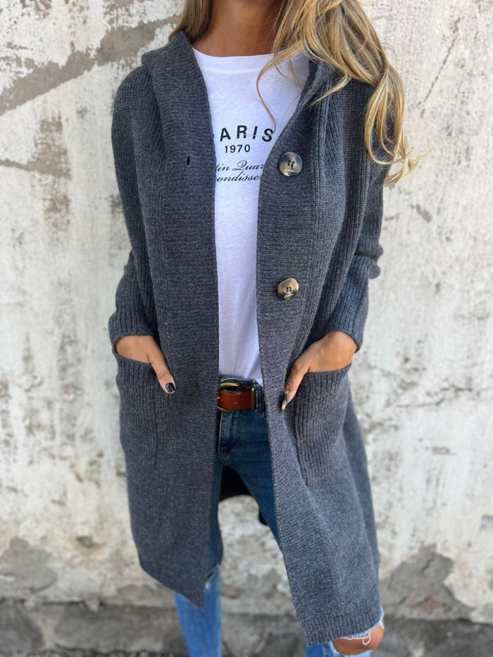 Damen Cardigan Lang Gestrickt Mit Kapuze Lässig
